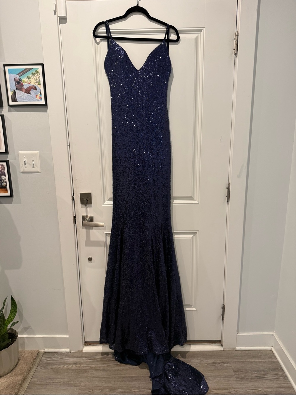Navy Sequin Spaghetti Strap Evening Gown